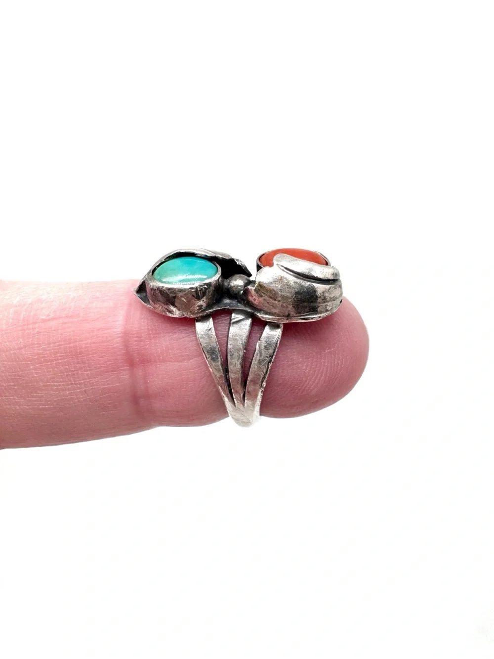 Vintage Sterling Silver Coral and Turquoise Ring Size 3 1/2
